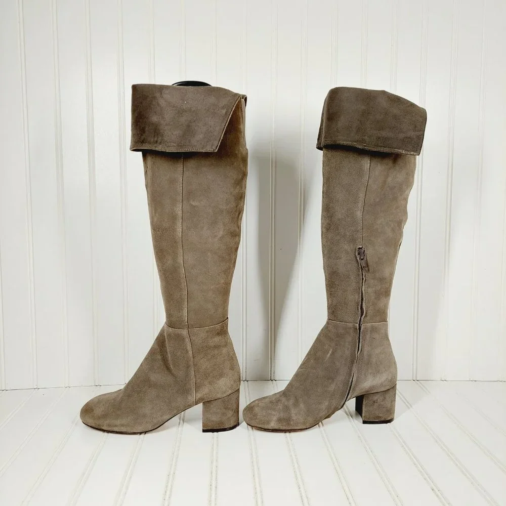 Halogen Over the Knee Taupe Tan Suede Leather Elastic Heeled Tall Boots B156